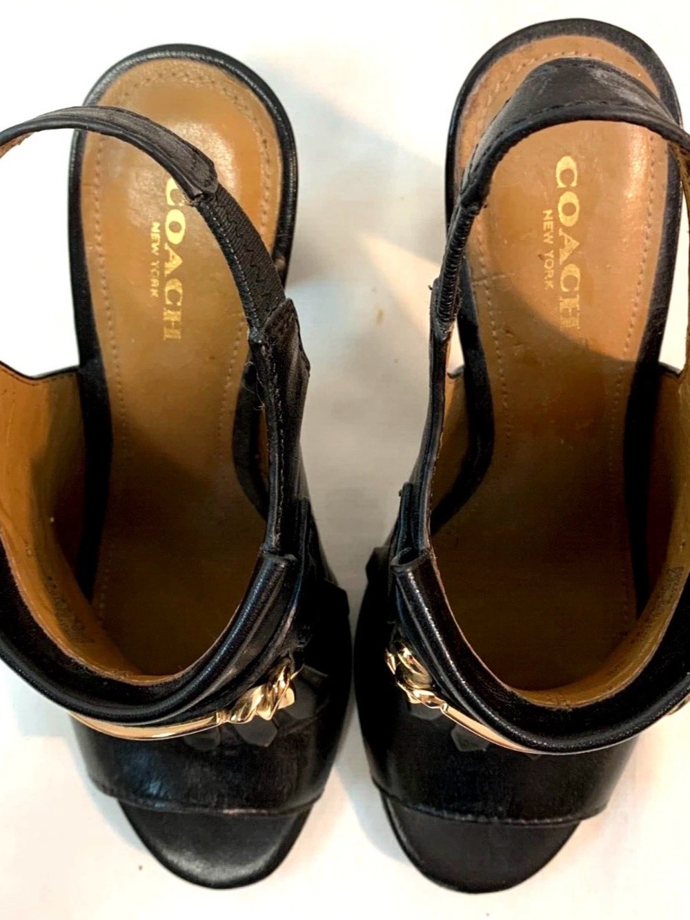 (CALLOUT) COACH Black Leather Fringe Open-Toe Mules with Gold Hardware - Picture 3 of 10
